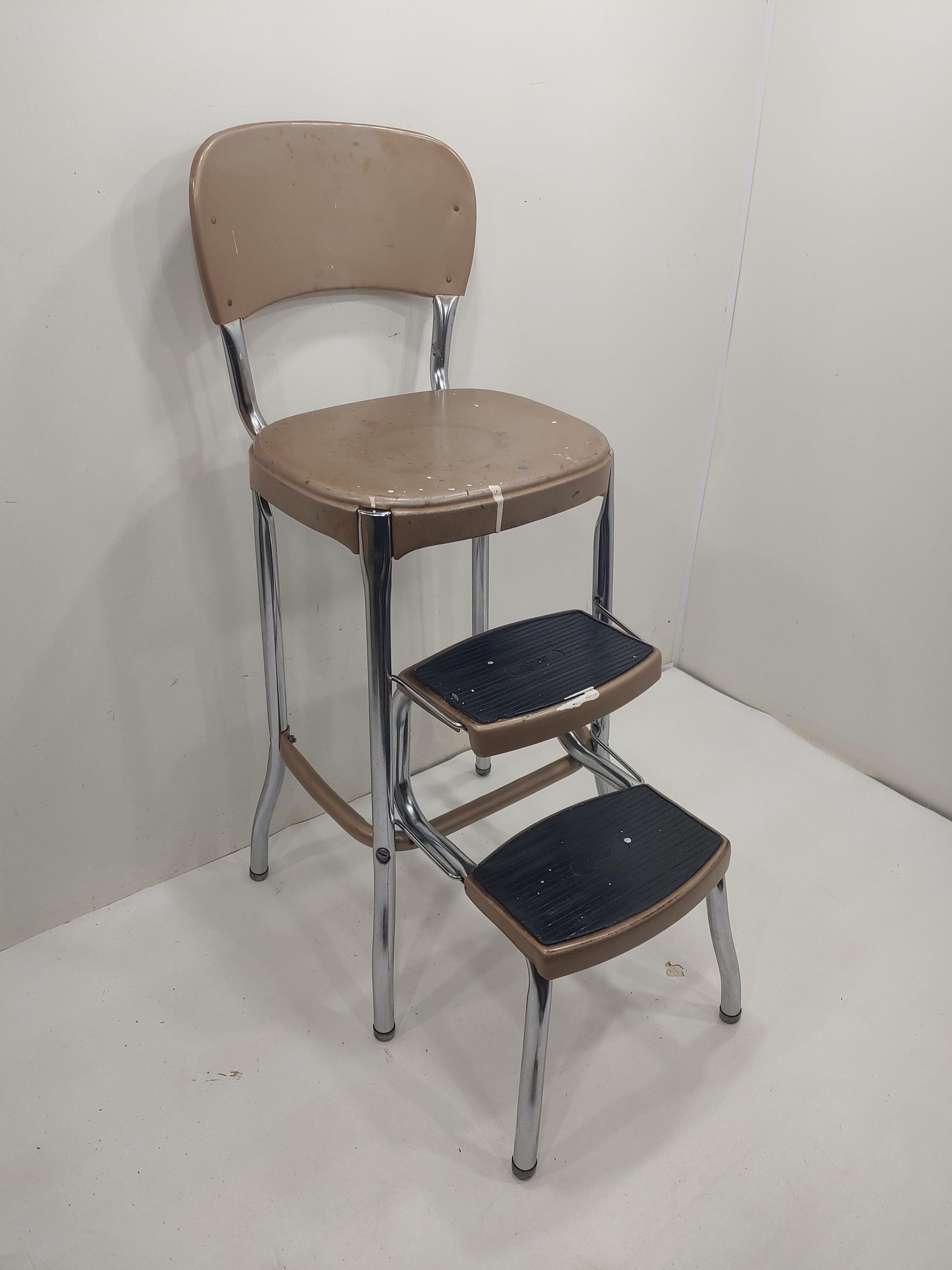 Bronze and Chrome Mid-Century Cosco  Stool, Back Rest and Fold Out Steps.Kitchen step stool.Stylaire