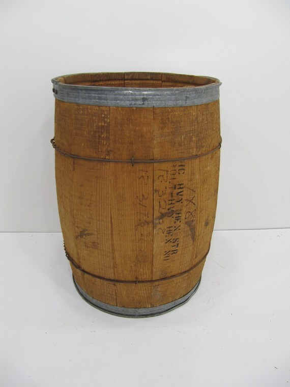 Vintage Wood Barrel Nail Keg Waste Basket Side Table Image 0