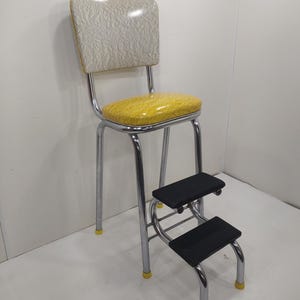 Kitchen Stool, Mid Century Yellow and Chrome with Fold Out Steps and Back Rest Step Stool, Farm Stool, Metal Step Stool, Painters Stool