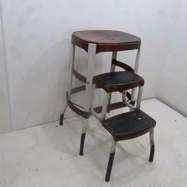 Vintage Kitchen Stool, Cosco Step Stool, Folding Step Stool, White & Red Metal Stool, Mid Century Fold Out Steps, Farm Stool