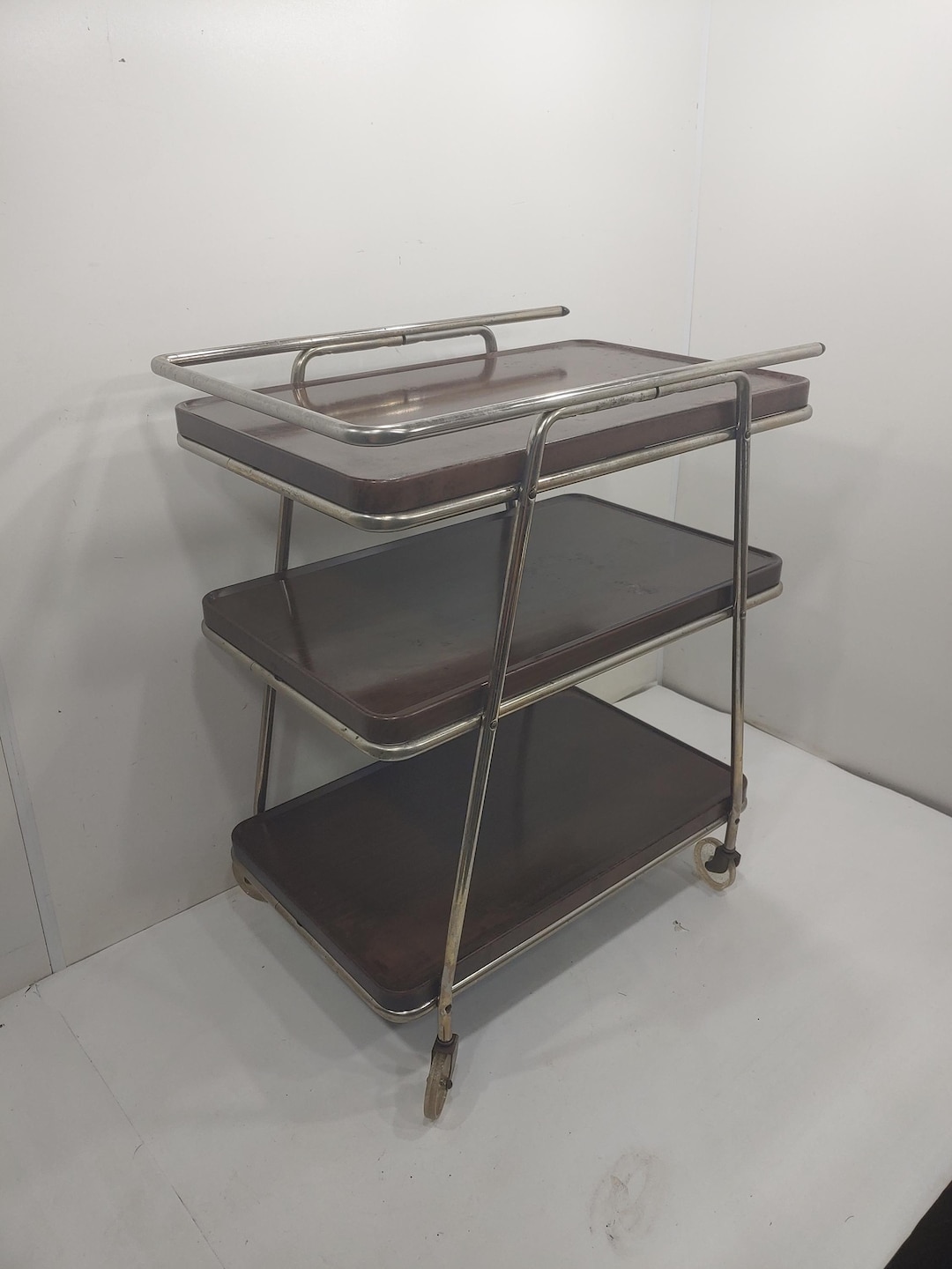 Kitchen Cart, Vintage Rolling Kitchen Cart, Cosco Brown and Chrome ...