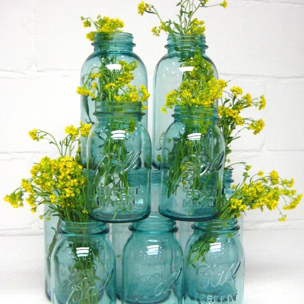 Blue Mason Jar, Ball Perfect Mason, Canning Jar, Quart Size Antique Fruit Jar, Wedding Decor Centerpiece, Quart Jars