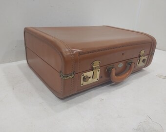 Vintage Luggage,Belber Neolite Light Brown Leather Suitcase,Flat, Stacking Suitcase, Photo Prop