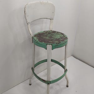 Industrial Stool, Metal Stool, Cosco Stool, Green and White Art Deco Kitchen Stool w/ Backrest, Drafting Stool