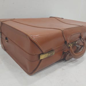 Vintage Luggage,Flat Towne with Key Light Brown Leather Suitcase, Stacking Suitcase, Photo Prop