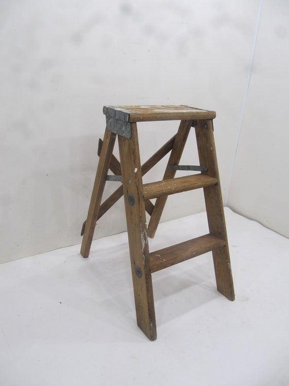 Vintage Step Ladder, Wood Three Step Ladder, Small Step