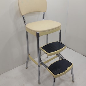 Yellow and Chrome Mid-Century Cosco  Stool w/ Padded Seats, Back Rest and Fold Out Steps.