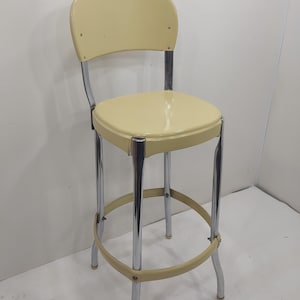 Industrial Stool, Metal Stool, Cosco Stool, Yellow and Chrome Art Deco Kitchen Stool w/ Backrest, Drafting Stool,Shop Stool.