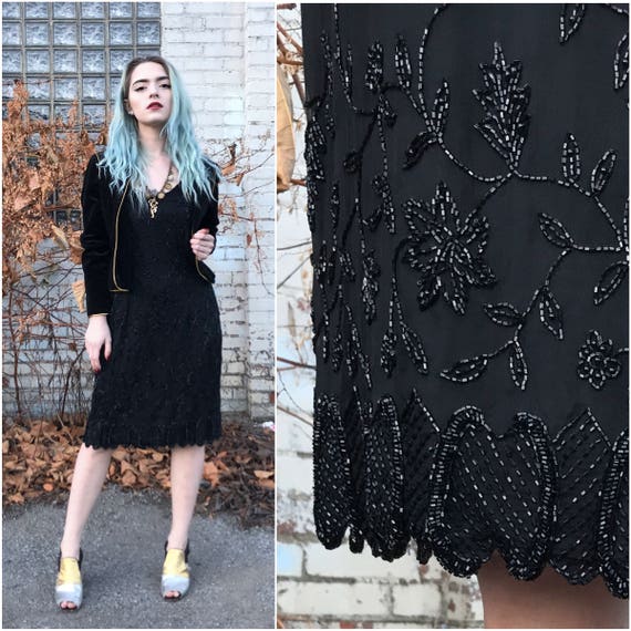 SALE! 1990s Black Silk Beaded Cocktail Dress // Sl