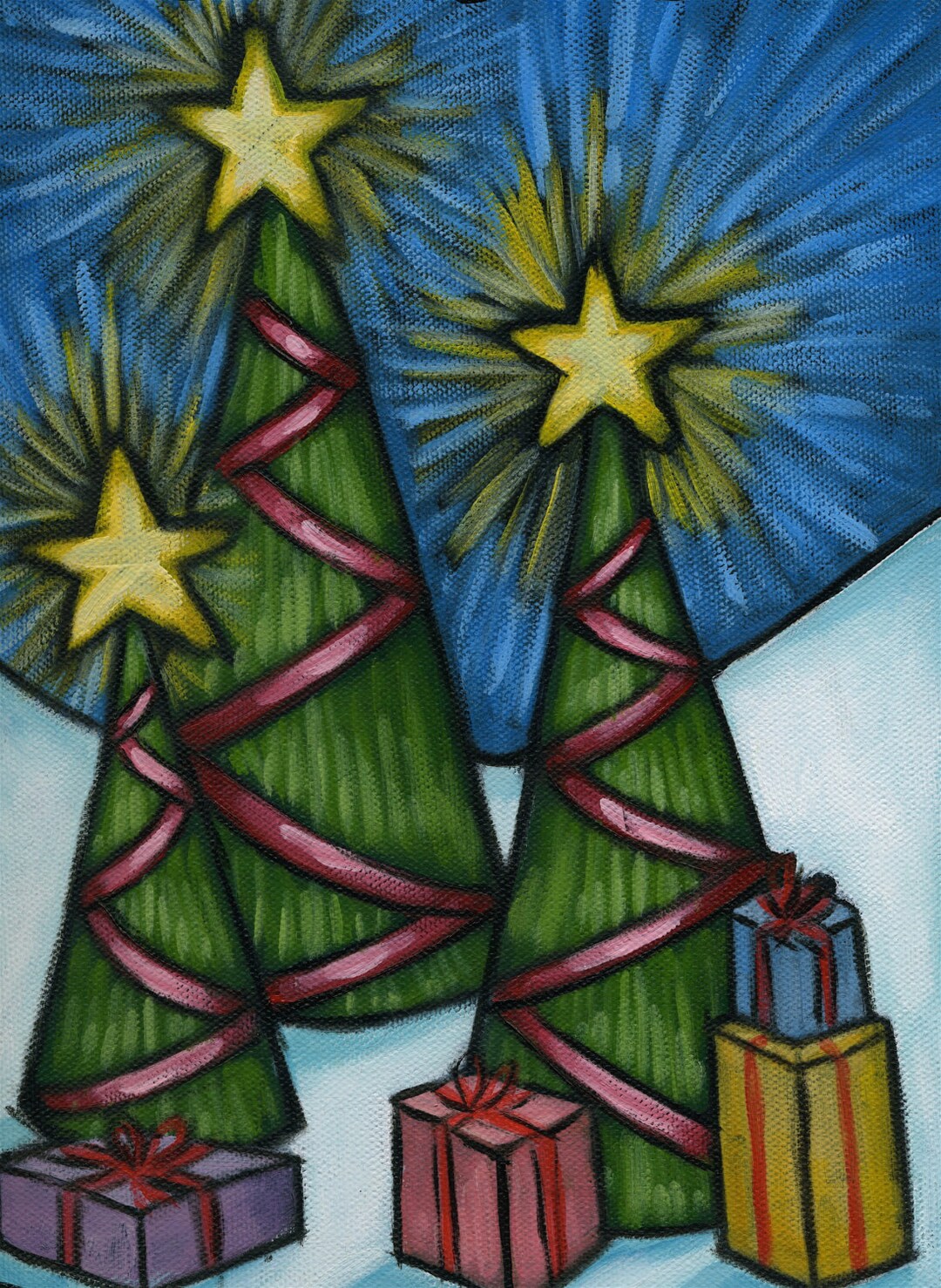 Christmas Trees With Presents Colourful Acrylic Painting Etsy