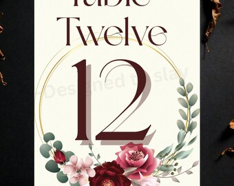 Burgundy Floral Table Numbers: Elegant Autumn Wedding Decor (Digital Download 4x6, 1-20)