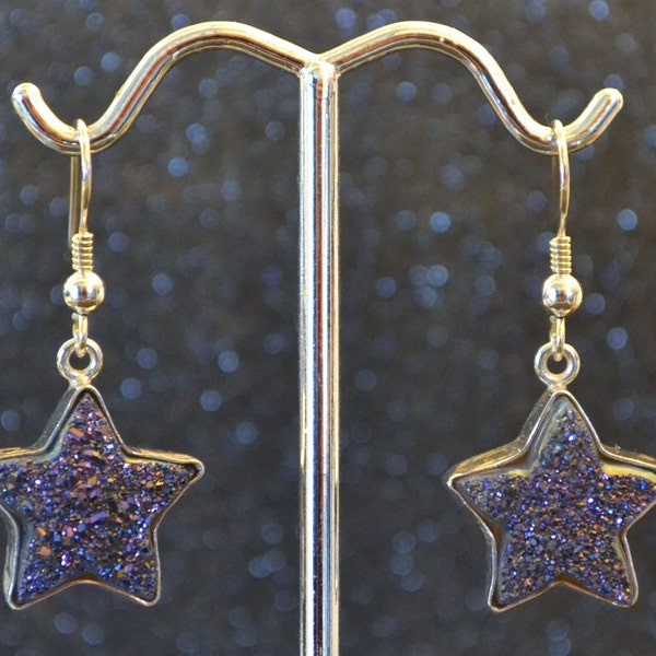 Sterling Silver Titanium Druzy Quartz Star Dangle Earrings. Space, galaxy, genuine stone, nickel free and hypoallergenic.