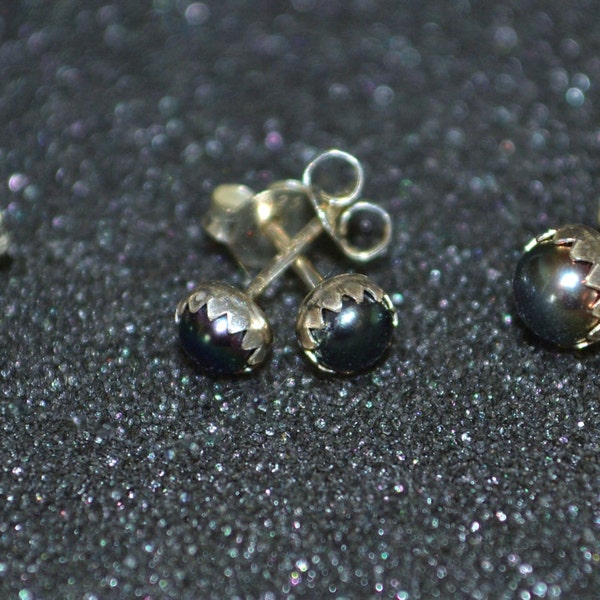Genuine Black Pearl Cabochon Stud Earrings - Choose a size! Sterling silver June birthstones, post earrings, no nickel and hypoallergenic.