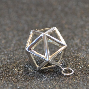 Cast Icosahedron Pendant Or Charm (d20) - Silver, 3D, geometric, triangular wire outlines, non-plated, nickel free and hypoallergenic.