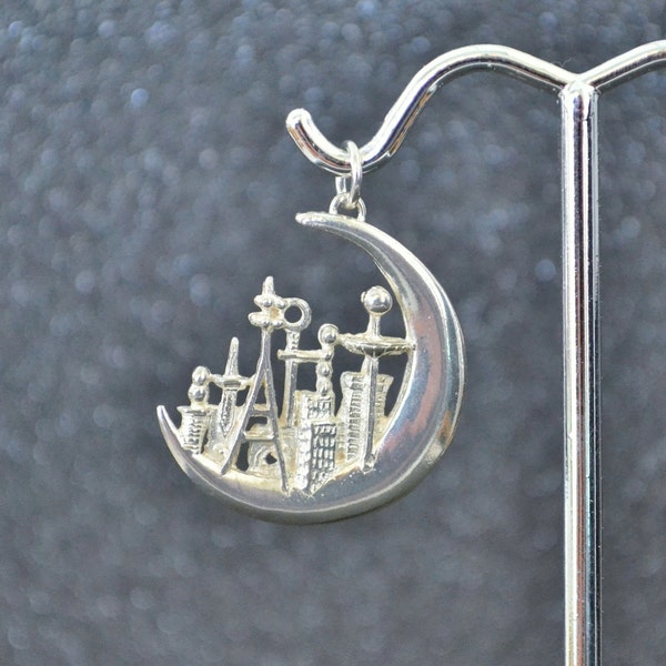 Cast Dimensional Crescent Moon City Pendant Or Charm - Silver, fantasy futuristic bases or cities, non-plated, no nickel and hypoallergenic.