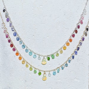 Genuine Gemstones Rainbow Faceted Rondelle Necklace - Choose Silver Or Gold!  Dainty minimal simple dangle bead necklace with opal center.