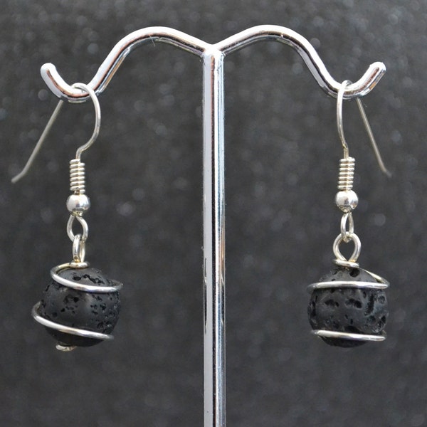 Black Lava Rock Wrapped Bead Earrings - Silver, genuine natural gemstone, dangle bead, handmade, non-plated, nickel free and hypoallergenic.