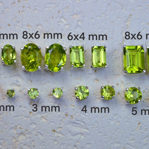 Genuine Peridot Stud Earrings - Choose a size! Sterling silver and green August birthstones, post earrings, nickel free and hypoallergenic.