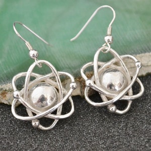 Pu&ograve; includere: Un paio di orecchini a forma di atomo in argento. Gli orecchini hanno la forma di un atomo stilizzato con una sfera centrale ed elettroni in orbita.