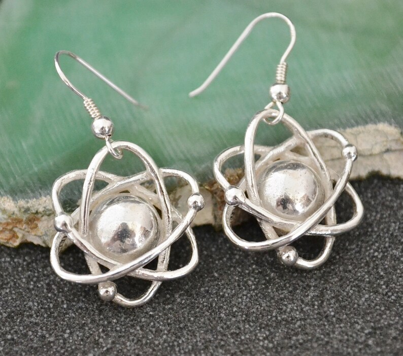 Pu&ograve; includere: Un paio di orecchini a forma di atomo in argento. Gli orecchini hanno la forma di un atomo stilizzato con una sfera centrale ed elettroni in orbita.