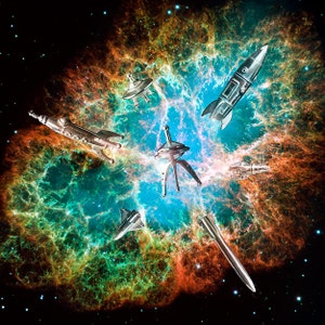 May include: A collection of silver toy spaceships and flying saucers against a colorful nebula background. The nebula is a mix of blue, green, orange, and red colors.