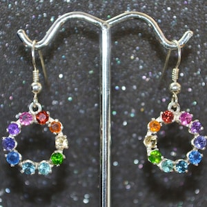 Sterling Silver Rainbow Gemstone Circle Dangle Earrings- A prism of genuine stones in an eternity setting. Nickel free and hypoallergenic.
