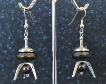 Cast Flying Saucer 3D Earrings.  Sterling Silver and black pearl outer space alien explorers, non-plated, nickel free and hypoallergenic.