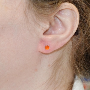 May include: A close-up of a person's ear with a small orange stud earring.