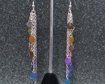 Rainbow Niobium "Confetti" Shower Dangle Earrings.  Cascading multicolored circles, silver, non-plated, nickel free and hypoallergenic.