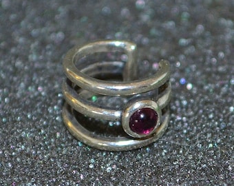 Sterling Silver Triple Band Earcuff - Choose a Gemstone! Genuine stone, non-pierced clip on ear jewelry. Nickle free and hypoallergenic.