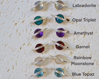 Tiny Saturn Planet Stud Earrings -Choose a gem!  Sterling silver, posts with orbit rings, 4 mm genuine gems, nickel free and hypoallergenic.