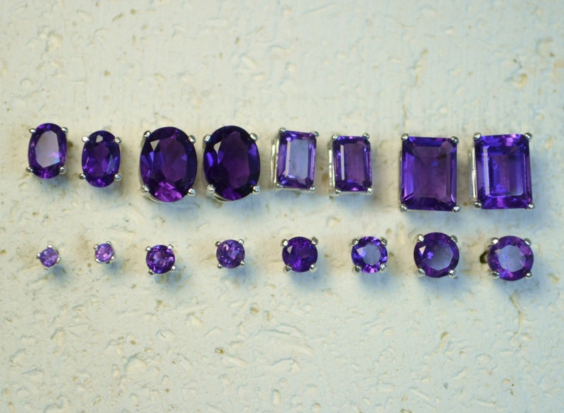 Genuine Amethyst Stud Earrings Choose a size Sterling silver purple February birthstones, post earrings, no nickel and hypoallergenic. image 7