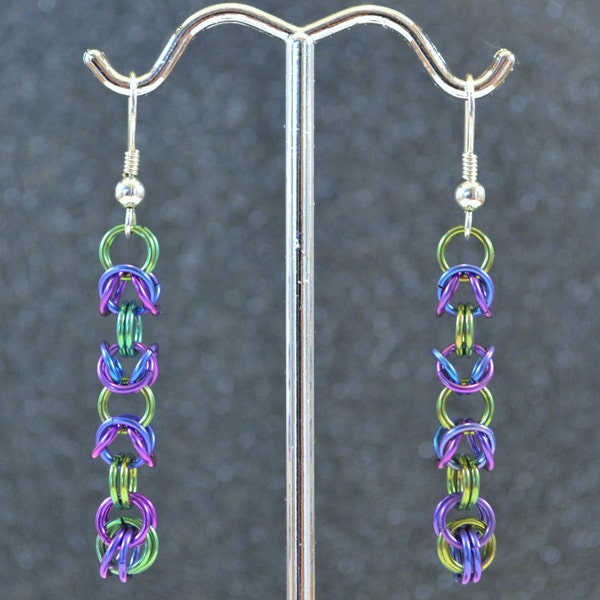 Blue Green Purple Niobium Byzantine Or Box Chain Earrings - Iridescent colors, silver ear wires, non-plated, no nickel and hypoallergenic.