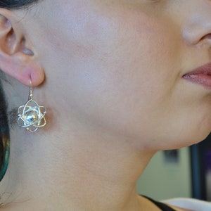 Pu&ograve; includere: Orecchini in argento a forma di atomo con una sfera rotonda in argento al centro. Gli orecchini sono appesi all'orecchio di una persona.