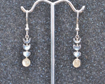 Moonstone and Sterling Silver Linear Moon Phase Earrings -  Genuine stones, simple, abstract, minimalist, nickel free and hypoallergenic.