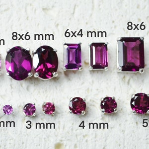 Genuine Rhodolite Garnet Stud Earrings -Choose a size! Sterling silver and January birthstones, post earrings, no nickel and hypoallergenic.