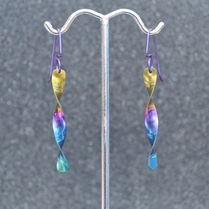 Rainbow Niobium Spiral Twist Earrings - Iridescent anodized metal, niobium ear wires, no nickel, non-plated and fully hypoallergenic.