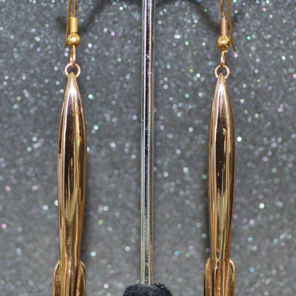 Hollow Cast Long Rocket Earrings - Bronze smooth dimensional outer space exploration vehicles, Hugo inspired, no nickel and hypoallergenic.