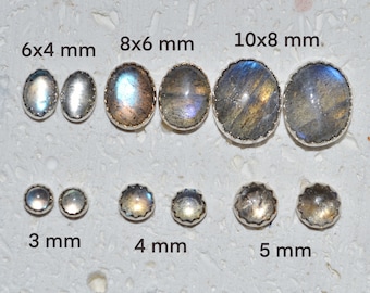 Genuine Labradorite Cabochon Stud Earrings - Choose a size! Sterling silver post earrings, multicolor in gray, no nickel and hypoallergenic.