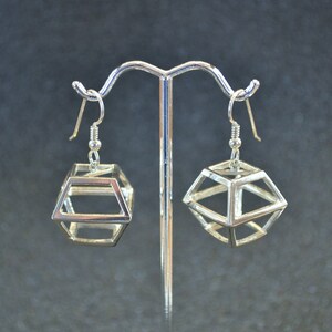 Cast Decahedron Geometric Dangle Earrings - Sterling Silver, 3D, geometric, triangular wire outlines, nickel free and hypoallergenic.