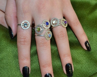 Cast Small Open Gear Stacking Ring - Choose a Gem! Steampunk inspired silver ring with a tiny 4 armed gear centered with a cabochon gem.