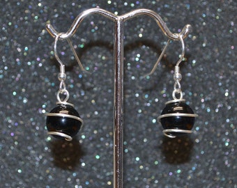 Black Onyx Wrapped Bead Earrings - Sterling silver, genuine natural gemstones, dangle beads, non-plated, nickel free, and hypoallergenic.