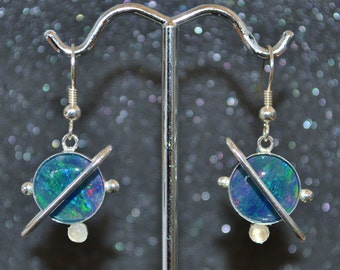 Opal Triplet and Moonstone Saturn Earrings-Choose a Size!  Planets in silver, genuine stones, non-plated, no nickel and hypoallergenic.
