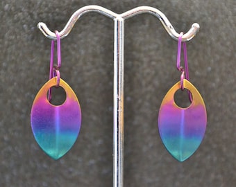 Niobium Rainbow Scale Earring - Multicolor ombre anodized niobium, lightweight with purple niobium earwire,  hypoallergenic and nickel free.
