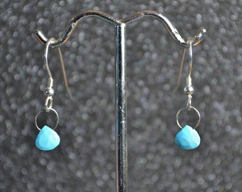 Genuine Turquoise Faceted Briolette Earrings, Hook Or Lever Back, You Choose! Dainty minimal simple opaque December birthstones in silver.