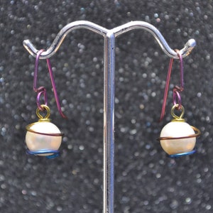 Rainbow Niobium And White Pearl Wrapped Bead Earrings - Anodized wire, genuine freshwater pearls, non-plated, nickel free, hypoallergenic.