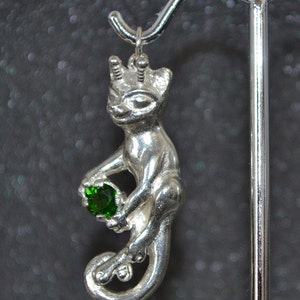 Cast Dimensional Space Alien Cat Pendants - Choose a Gemstone! Silver, Genuine 5 mm stone, non-plated, nickel free and hypoallergenic.