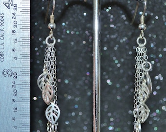 Sterling Silver Cast Skeleton Leaf Shower Dangle Earrings.  Tiny leaves, open, dainty and simple, non plated, no nickel and hypoallergenic.