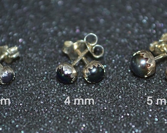 Genuine Black Pearl Cabochon Stud Earrings - Choose a size! Sterling silver June birthstones, post earrings, no nickel and hypoallergenic.
