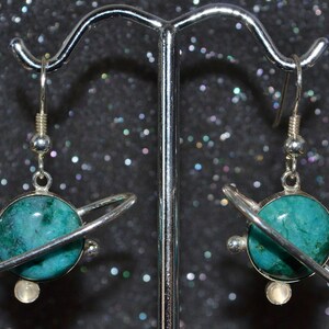 Chrysocolla and Moonstone Saturn Earrings - Choose a Size!  A planetary science theme in silver, genuine stones no nickel and hypoallergenic